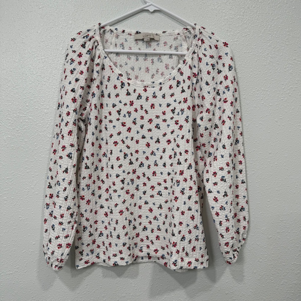 LOFT White Floral Textured Long Sleeve Scoop Neck Top Women's Size Small